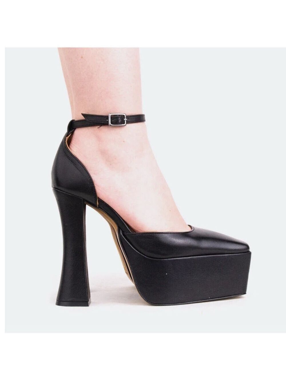 L'INTERVALLE Cabaret Black Leather Platform Shoes Block Heels square toe size 37